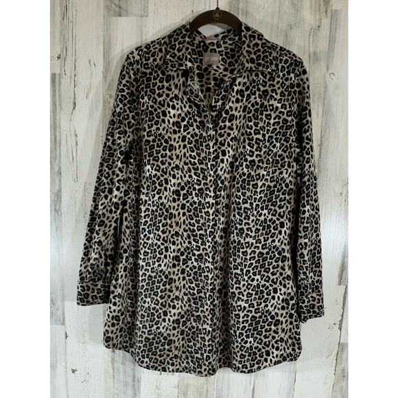 Chicos Wrinkle Resistant Button Up Size 2 or Large  Roll Tab Sleeves Leopard - Picture 1 of 9